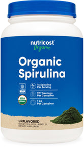Nutricost Organic Spirulina Powder 2 lb bottle front, a natural protein source.