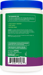Nutricost Organic Super Greens powder bottle and glass with berries, showcasing probiotic blend.