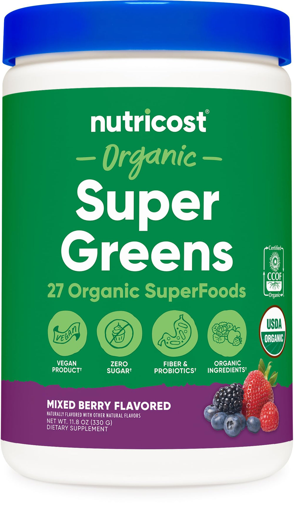 Nutricost Organic Super Greens Powder tub front label highlighting mixed berry flavor and organic ingredients.
