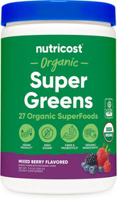 Nutricost Organic Super Greens Powder tub front label highlighting mixed berry flavor and organic ingredients.
