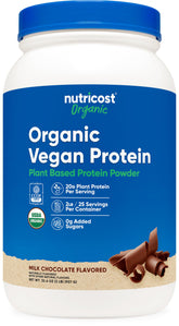 Nutricost Organic Vegan Protein Chocolate jar highlights gluten-free formula.
