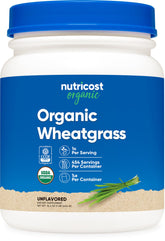 Nutricost Organic Wheatgrass Powder bottle showing pure green powder for smoothies and more