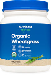 Nutricost Organic Wheatgrass Powder bottle showing pure green powder for smoothies and more