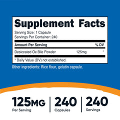 Nutricost Ox Bile Capsules close-up highlighting capsules and easy daily dosage.
