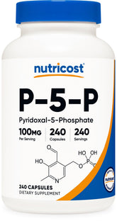 Nutricost P5P bottle front showing 100 mg B6 per capsule for daily use