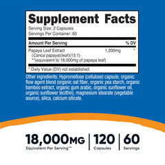 Closeup of Nutricost Papaya Leaf Extract capsules showing vegan formula