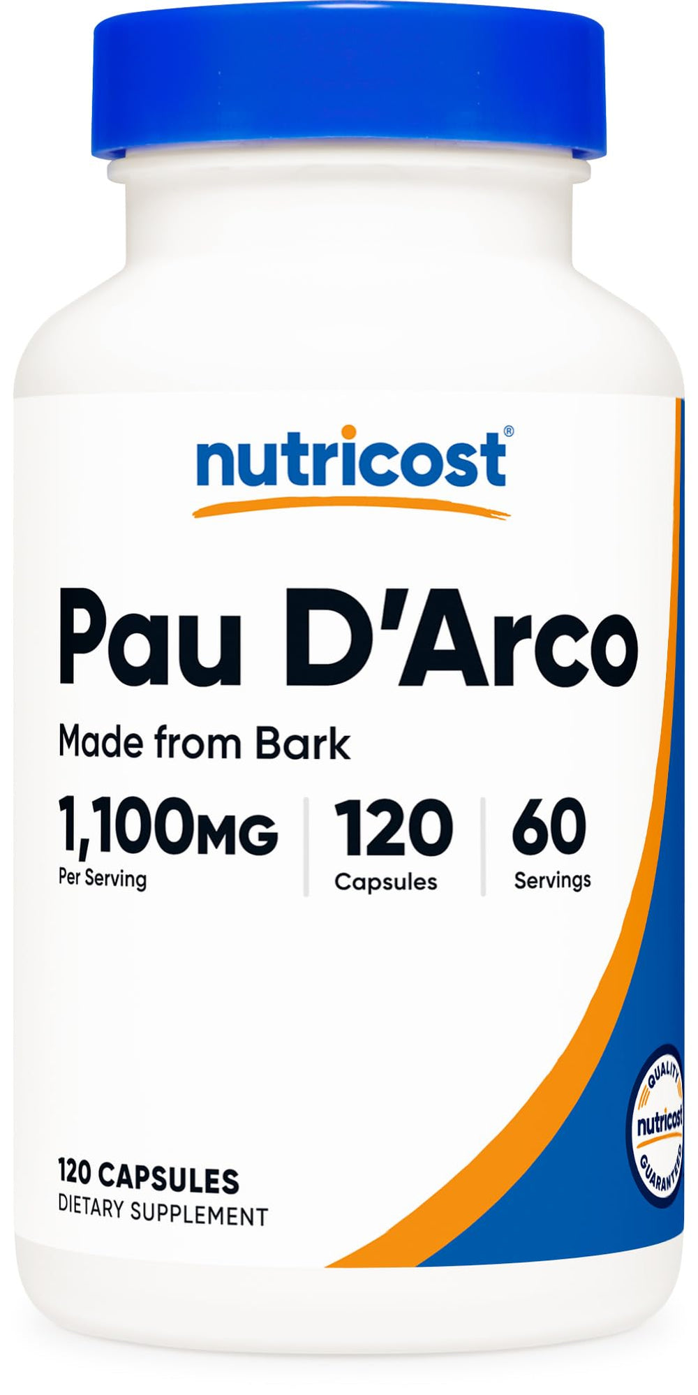 Nutricost Pau D'Arco inner bark bottle shows 120 capsules for a daily wellness routine.