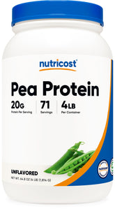 Nutricost pea protein powder bag front for clean, plant-based nutrition in shakes.