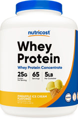 Nutricost pineapple whey protein bottle front view showing gluten-free option.