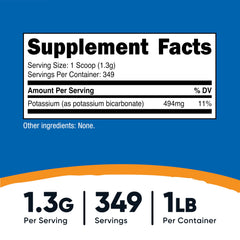 Nutricost potassium bicarbonate scoop demonstrates precise 1/4 tsp serving.