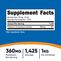 Nutricost Potassium Chloride Powder label close-up, gluten-free and non-GMO.