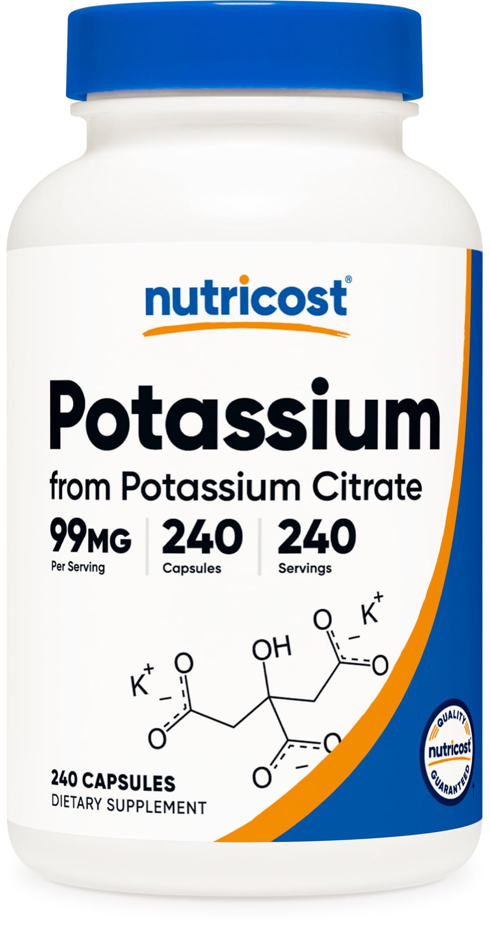 Nutricost Potassium Citrate capsules; easy daily source of 99 mg potassium