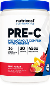 Nutricost Pre-C Creatine Fruit Punch tub ready for pre-workout energy support.