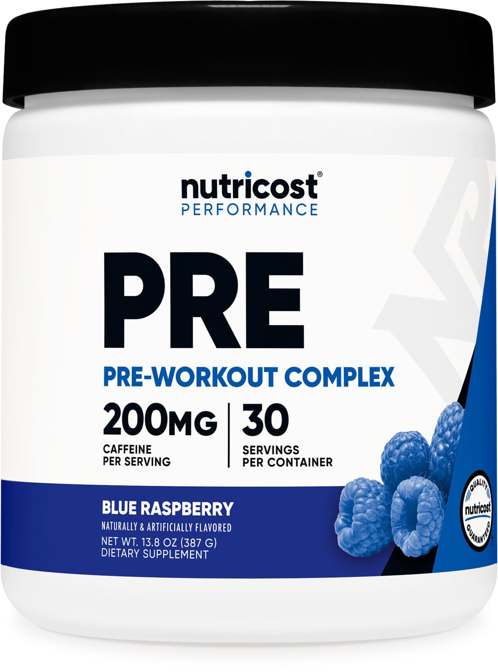 Nutricost Pre-Workout blue raspberry bottle ready for an energizing workout.