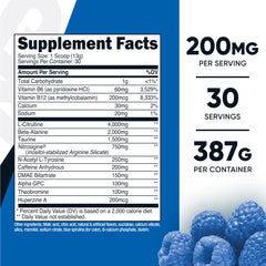 Nutricost Pre-Workout blue raspberry powder scoop for fast energy before training.