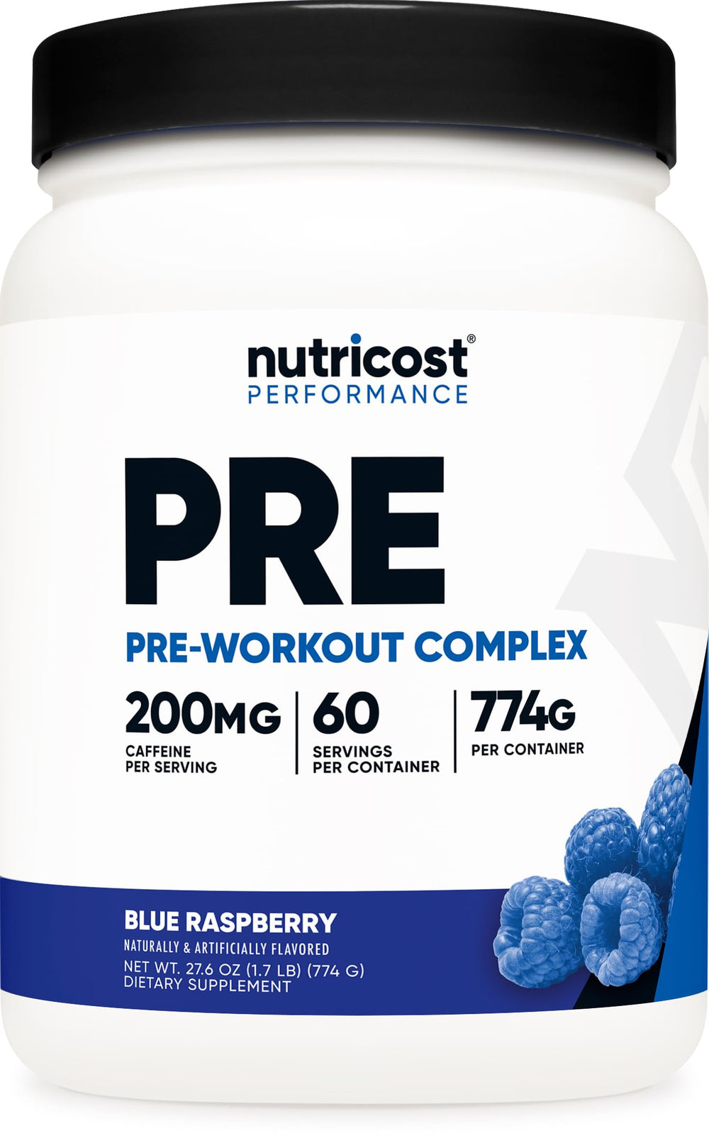 Nutricost Pre-Workout Complex blue raspberry tub ready for a high-energy training session.