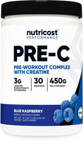 Nutricost Pre-Workout Creatine blue raspberry container ready for training sessions