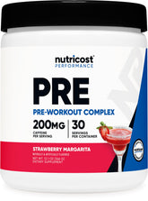 Nutricost Pre-Workout Strawberry Margarita tub boosts focus and energy before training.
