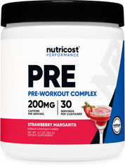 Nutricost Pre-Workout Strawberry Margarita tub boosts focus and energy before training.