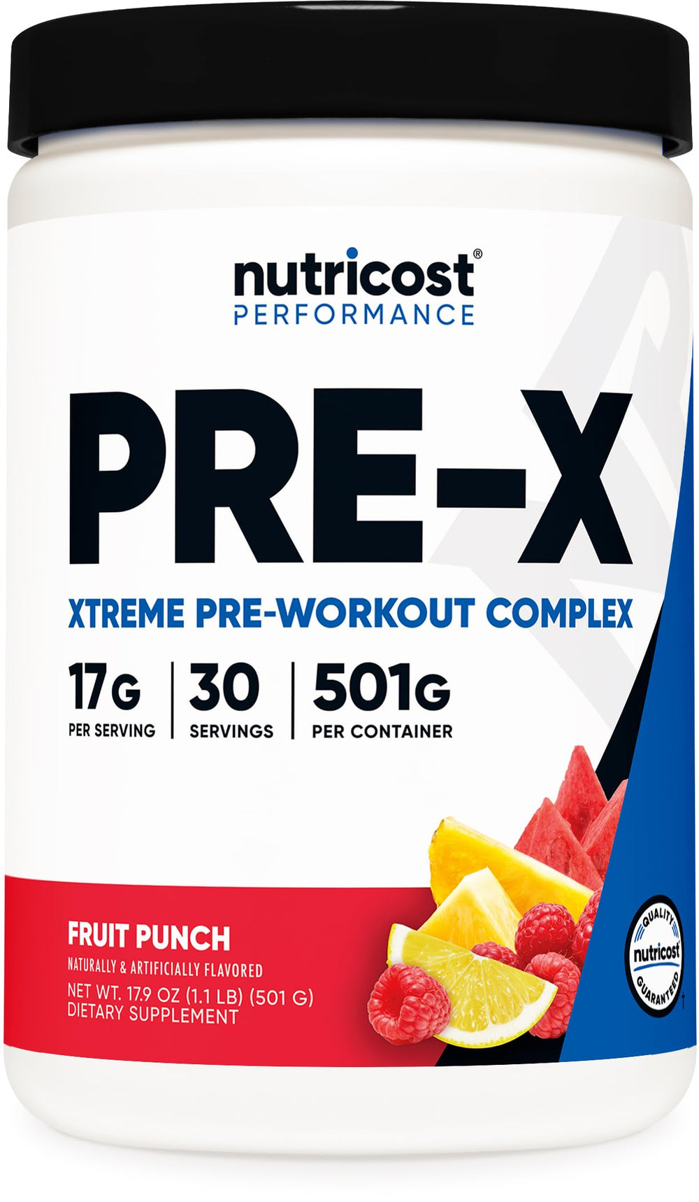 Nutricost Pre-X Xtreme fruit punch powder, scoop ready for workout energy.