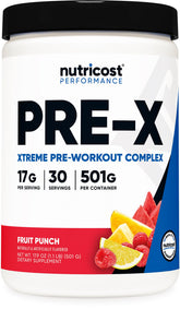 Nutricost Pre-X Xtreme fruit punch powder, scoop ready for workout energy.