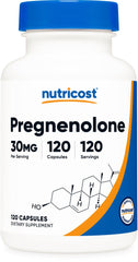 Nutricost Pregnenolone 30mg bottle with capsules; convenient daily serving option.