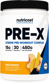 Nutricost Pre-X Xtreme Peach Mango tub showcasing the pre-workout flavor and packaging