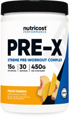 Nutricost Pre-X Xtreme Peach Mango tub showcasing the pre-workout flavor and packaging