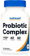 Nutricost Probiotic Complex bottle label with branding and dosage details.