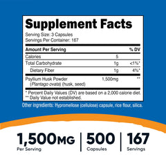 Close-up of Nutricost psyllium husk capsules for easy swallowing.