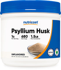 Nutricost psyllium husk powder container highlights 1.5 lb supply for daily fiber.