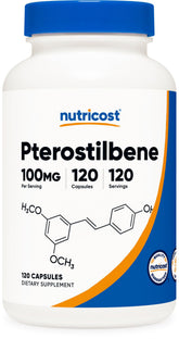 Nutricost Pterostilbene bottle label showing 120 capsules for daily supplementation.