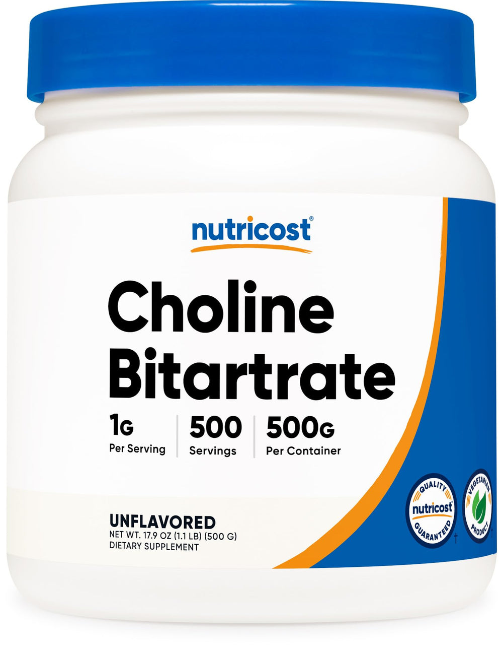 Nutricost Pure Choline Bitartrate Bottle with high-purity powder for daily use.