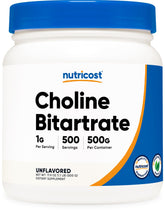 Nutricost Pure Choline Bitartrate Bottle with high-purity powder for daily use.