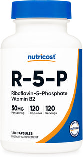Nutricost R-5-P bottle with capsules for daily vegan vitamin B2 support.