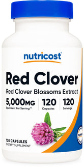 Nutricost Red Clover Blossoms bottle front shows vegan capsules for daily wellness