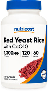 Nutricost Red Yeast Rice with CoQ10 bottle indicating 60 servings for daily use.