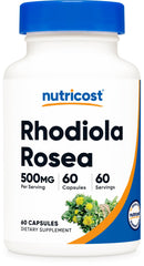 Nutricost Rhodiola Rosea 500mg bottle on a desk, signaling reliable daily support.