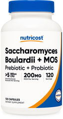 Nutricost Saccharomyces boulardii + MOS capsules bottle highlights gut support option.