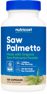Nutricost Saw Palmetto bottle front with label, organic formula for daily use