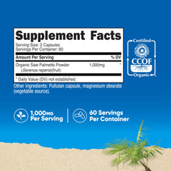 Nutricost Saw Palmetto bottle side showing ingredients, non-GMO and gluten-free