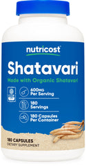Nutricost Shatavari 600mg bottle front view showing 180 capsules for daily balance