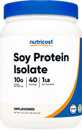 Nutricost soy protein isolate unflavored powder in 1 lb container for versatile shakes