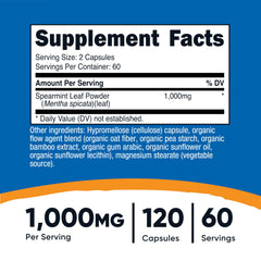 Nutricost Spearmint Leaf label close-up highlighting GMO-free and gluten-free formulation