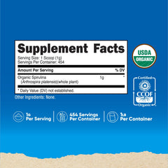 Nutricost spirulina pour bottle; convenient scoop for protein shakes.