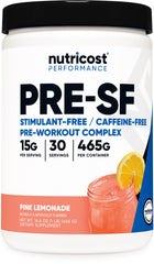 Nutricost Stim-Free Pre-Workout Pink Lemonade bottle on gym shelf for caffeine-free energy support.