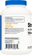 Nutricost Strontium capsules label detail with independent testing badge.