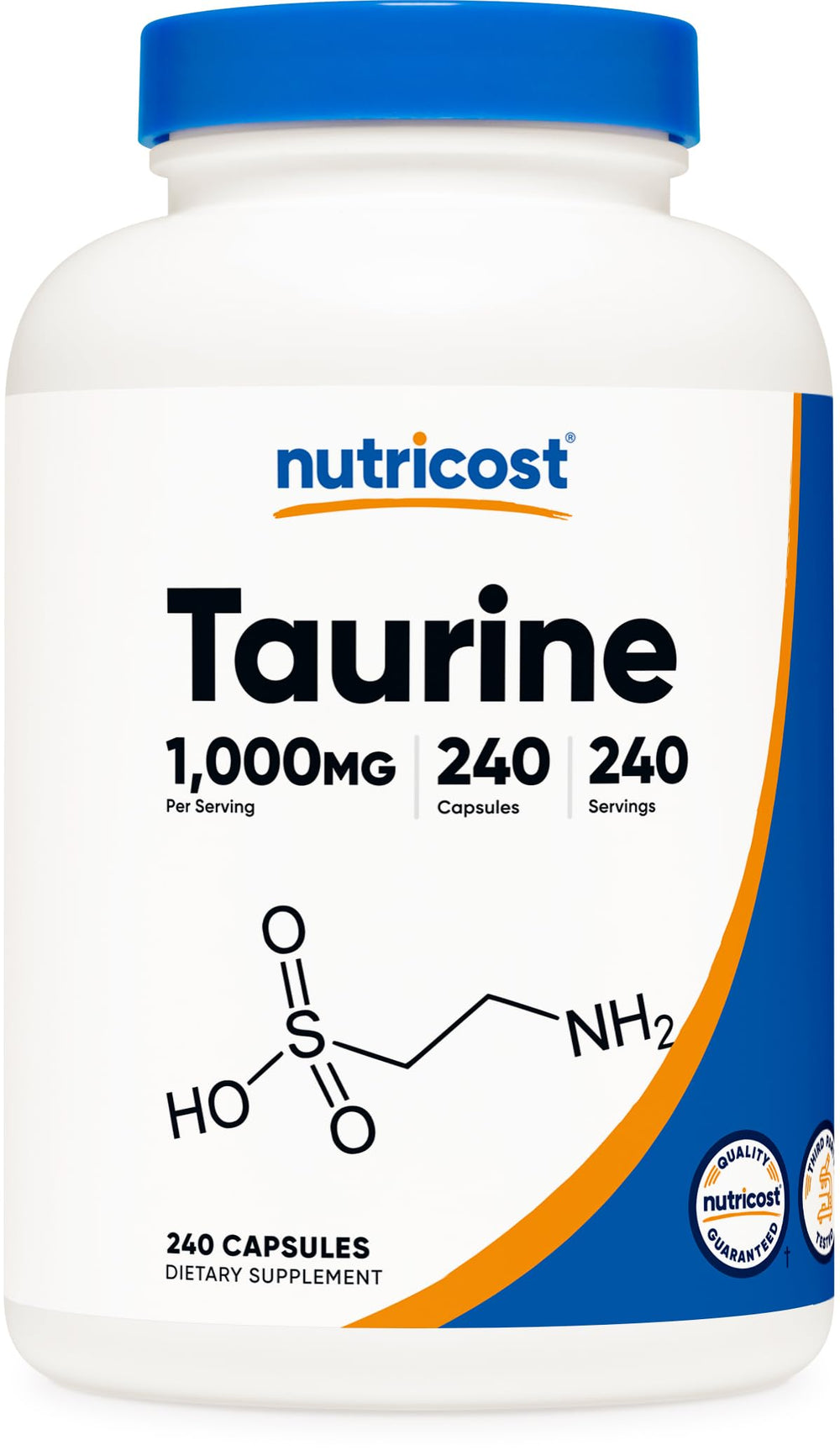 Nutricost Taurine 1000mg capsules bottle shows packaging for convenient daily dosing