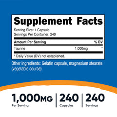 Nutricost Taurine 1000mg serving image highlights 240 servings per bottle