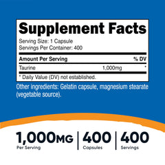Close-up of Nutricost Taurine capsules for easy-to-swallow daily use